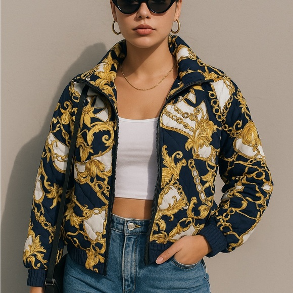 London Fog Jackets & Blazers - London Fog Women's Bomber Jacket - Navy and Gold